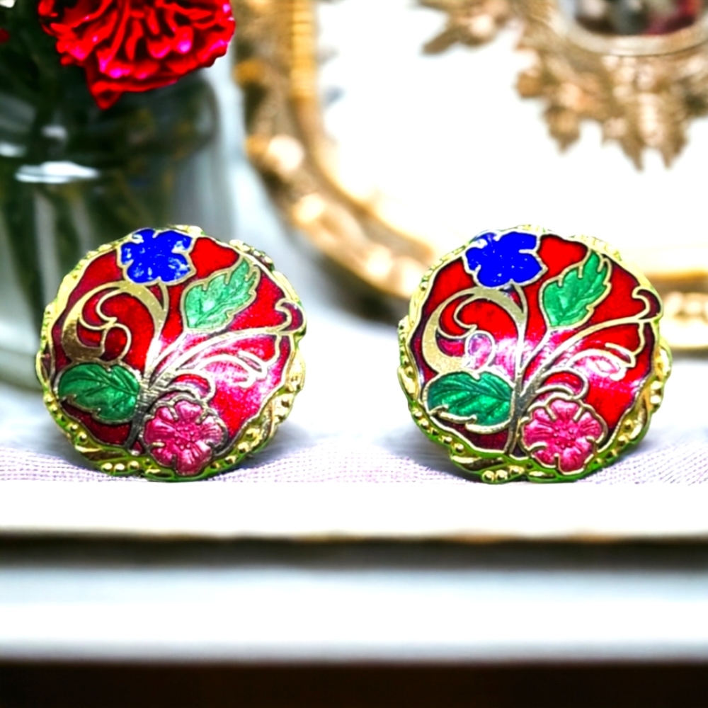 Vintage Cloisonne red color on golden tone metal stud earrings.